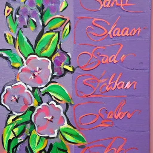 Image similar to sign with pink flowers painted on it that says'shabbat shalom ', beautiful painting, intricate, blue, purple