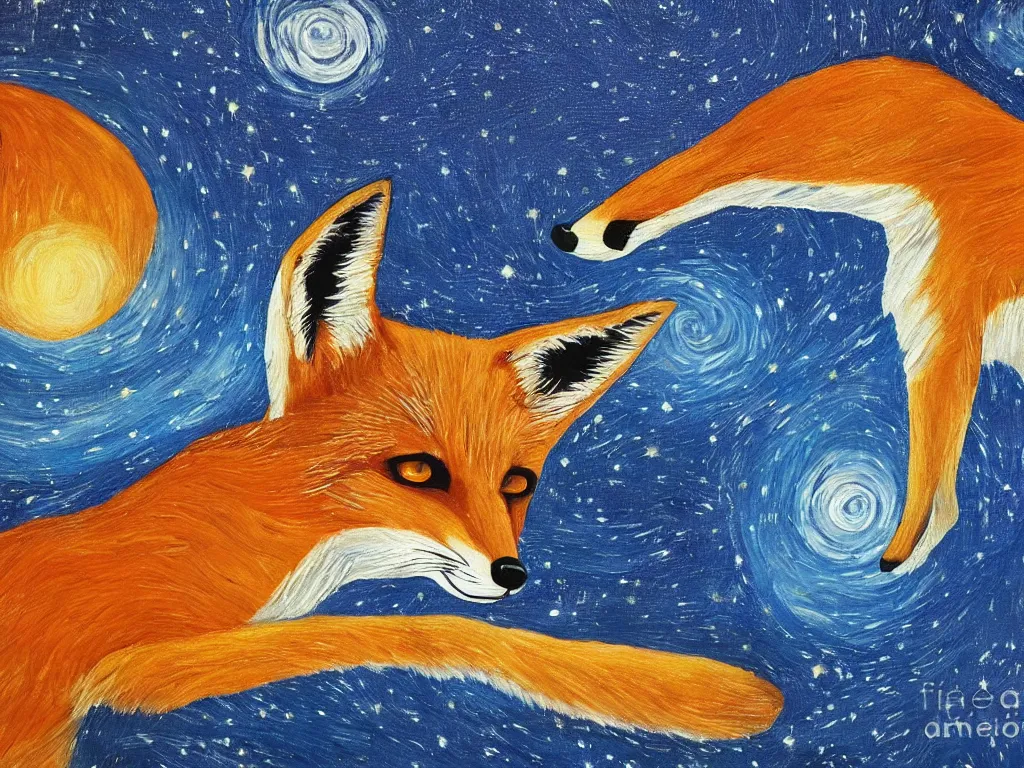 Image similar to a centred zoomed out painting of a fox in the style of Starry Night, highly detailed