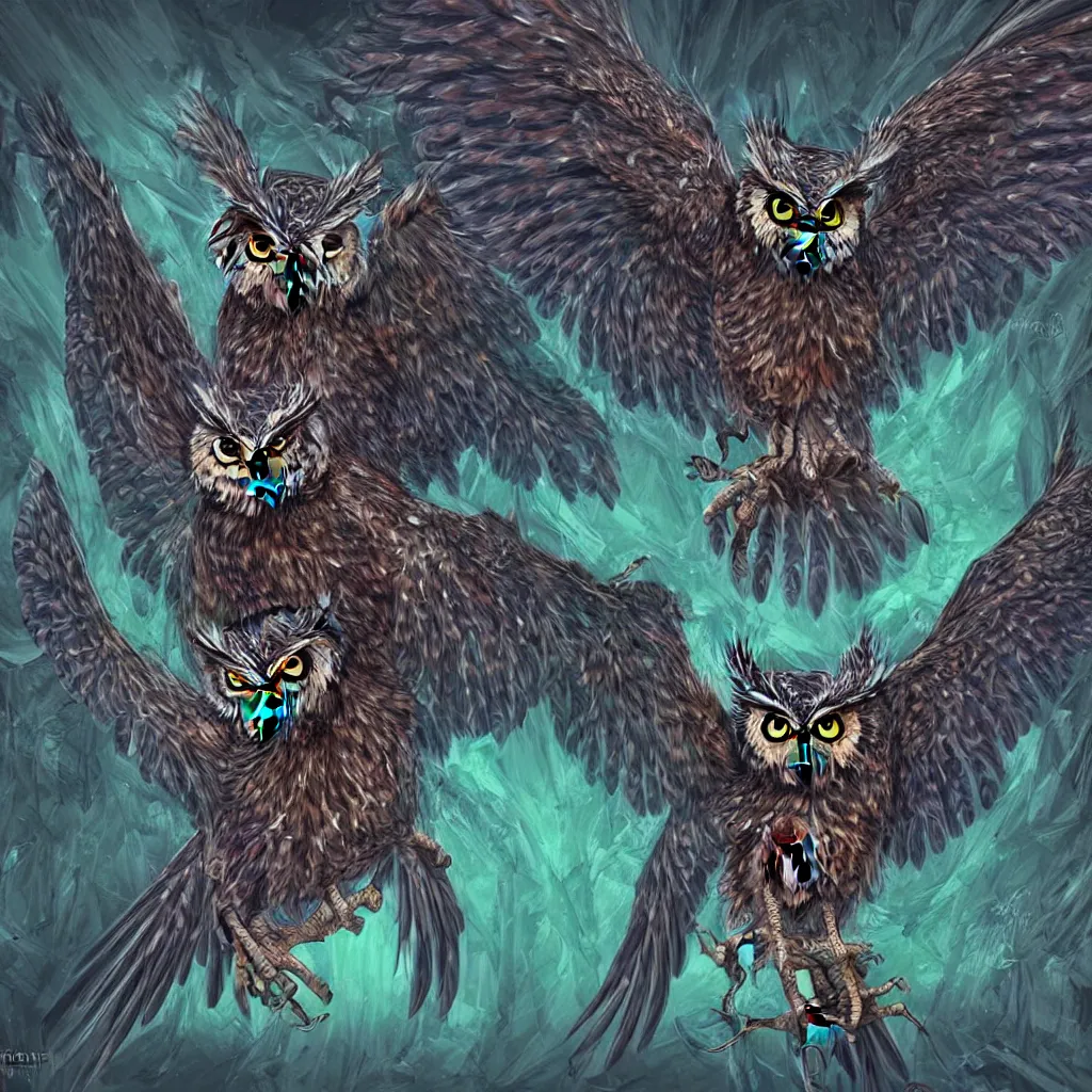 Prompt: an incredibly scary owl with its wings outstretched and with huge bulging eyes, digital art, fantasy, highly detailed, swirly vibrant colors, sharp focus