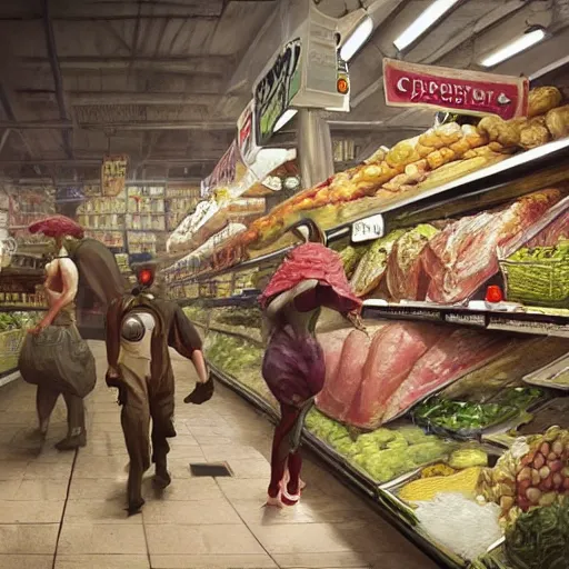 Prompt: digital painting of a super market deli shopping elegant but deadly chicogriff, griffin chicogriff hybrid monster, by Greg Rutkowski, magic the gathering concept art, trending on artstation, 4k resolution, ((in a super market Costco))