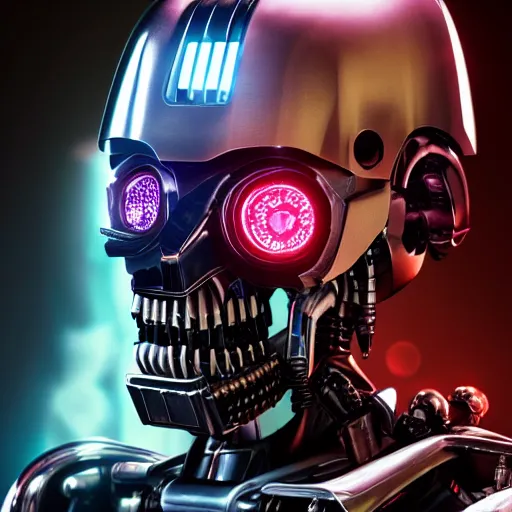 Image similar to photo of a menacing evil villain robot, glowing dark red eyes, metal teeth, purple tubes, striking, Terminator, Ultron, sci-fi, detailed face, 8k C-3PO