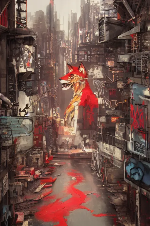 Prompt: graffiti of a red wolf with a mohawk, punk, banksy, brownstone wall, cyberpunk, by studio ghibli, makoto shinkai, by artgerm, by wlop, by greg rutkowski, volumetric lighting, octane render, 4 k resolution, trending on artstation, masterpiece