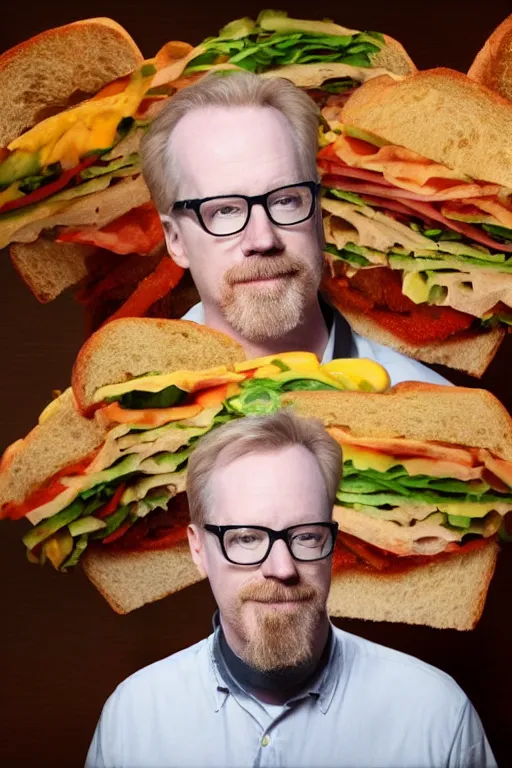 Image similar to 📷 portrait of adam savage the sandwich, made of food, still image, dynamic lighting, 4 k