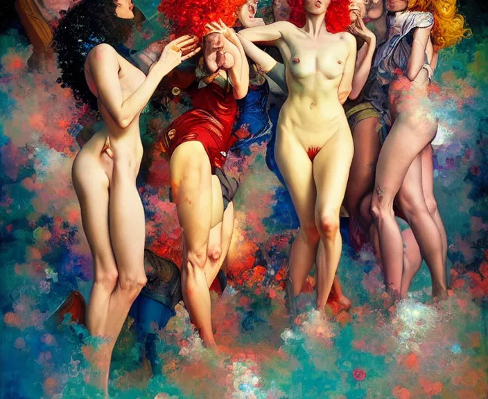 Prompt: fantastic extraordinary beautiful women into fluid infinity variations of colours mass, mid shot, norman rockwell, viktor safonkin, jeff dekal, larry elmore, intricate details, hyperrealistic oil painting on canvas, deep depth field, hd, hdr, 4 k, 8 k