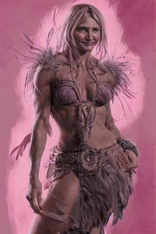 Image similar to muscled Cameron Diaz as a ruggedly handsome hero wearing pink feathers, intricate, elegant, tasteful, highly detailed, centered, digital painting, artstation, concept art, smooth, sharp focus, illustration, art by artgerm and donato giancola and Joseph Christian Leyendecker, WLOP