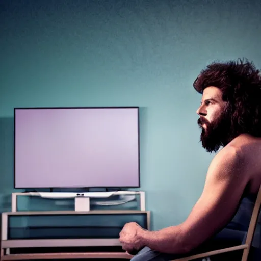Image similar to caveman watching tv