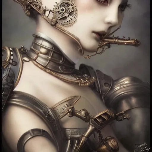 Image similar to By Tom Bagshaw, ultra realist soft painting of an fine steampunk anime porcelain miniature fully armored figurine, curiosities carnival, symmetry accurate features, very intricate details, masterpiece sky, black and white, volumetric light clouds