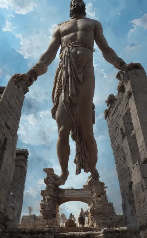 Image similar to looking up at a colossal statue of an old king at the entrance of an ancient greek harbor, greg rutkowski, 8 k, shallow depth of field, intricate detail, concept art,