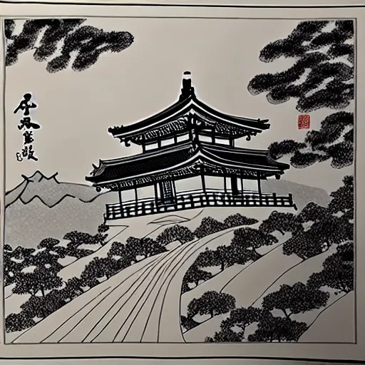 Image similar to zen temple on the mountain, ink