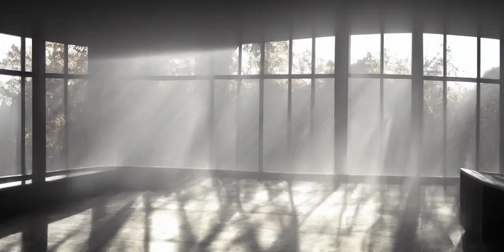 Image similar to wide angle photograph atmospheric light bloom autumn fog outside sunlight shining through windows reflections award winning contemporary interior