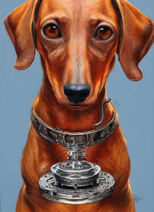 Image similar to dachshund with a monocle and a raised highbrow | sophisticated clothing | highly detailed | very intricate | elaborate outfit | symmetrical | cinematic lighting | award - winning | closeup portrait | painted by donato giancola and mandy jurgens and charlie bowater | featured on artstation