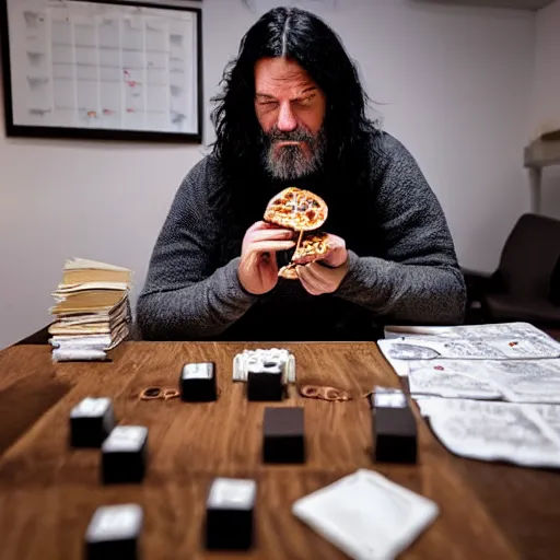 Image similar to a grumpy danish man with long black hair eating pizza while DMing an AD&D game, D&D, rogue, dark hair, skinny, middle aged, D&D dice on table, papers on table, character sheets on table, natural lighting, black hair, dark hair