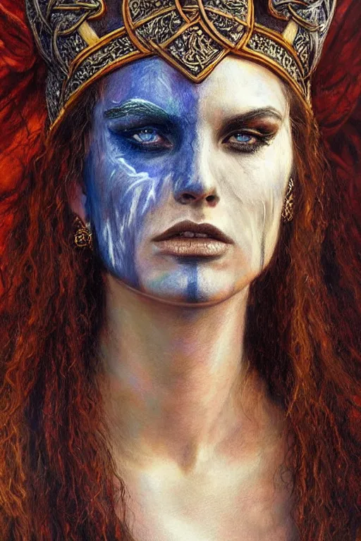 Prompt: portrait of a powerful celtic queen in the style of bob eggleton with face paint. neckline glowing, ornate and intricate, stunning, dynamic lighting, intricate and detailed.