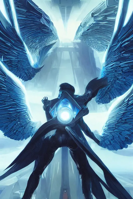 Prompt: a man from behind with wings of blue energy soaring in a futuristic paris, 4 k, shimmering color, cinematic light, hyper detailed, art by greg rutkowski and magali villeneuve and artgerm