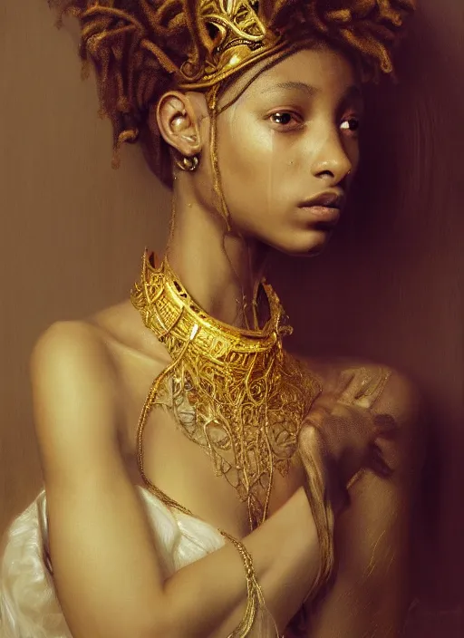 Prompt: portrait of willow smith, gold on crown and barechest, intricate, elegant, highly detailed, artstation, concept art, sharp focus, ruan jia, jurgens, orientalism, bouguereau