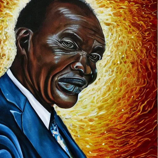 Image similar to a painting of a fatherly wide forehead, round face, XXL , loving, caring, generous, ever-present, humble, wise elder from Kenya in a suit by Wangechi Mutu . Fatherly/daddy, focused, loving, leader, relaxed,. ethereal lights, details, smooth, sharp focus, illustration, realistic, cinematic, artstation, award winning, rgb , unreal engine, octane render, cinematic light, macro, depth of field, blur, red light and clouds from the back, highly detailed epic cinematic concept art CG render made in Maya, Blender and Photoshop, octane render, excellent composition, dynamic dramatic cinematic lighting, aesthetic, very inspirational, arthouse.