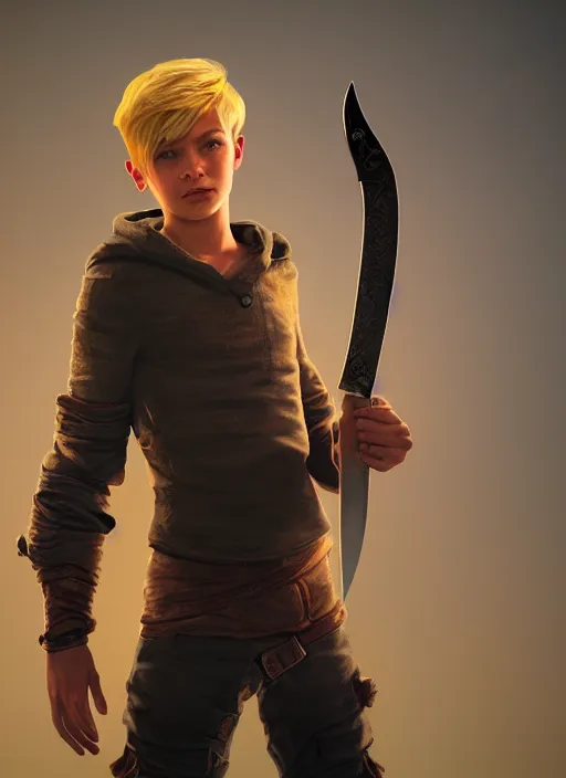 Prompt: An epic fantasy comic book style portrait painting of a young blonde boy thief holding a dagger, unreal 5, DAZ, hyperrealistic, octane render, cosplay, RPG portrait, dynamic lighting