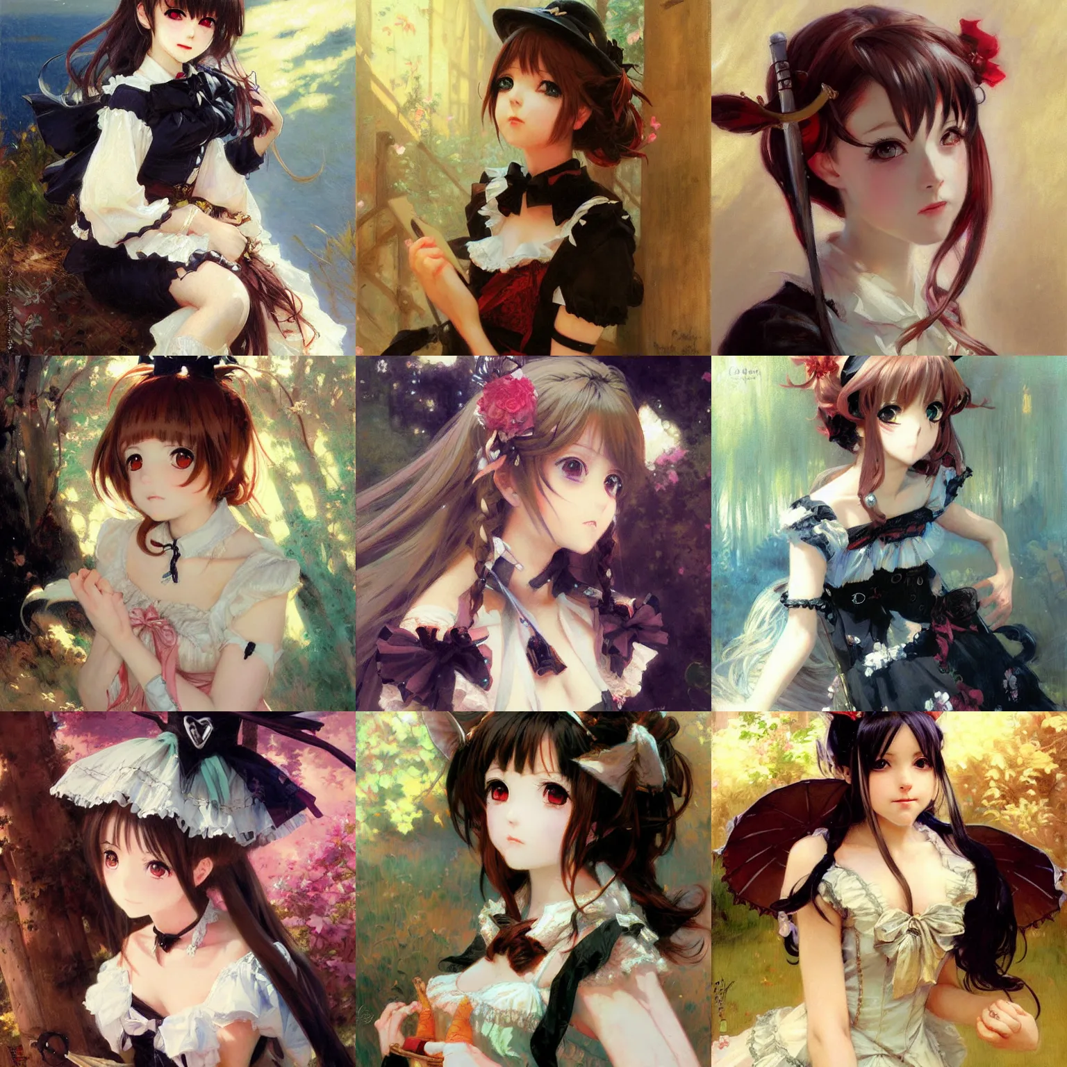 Prompt: cute anime girl portraits, wearing gothic lolita dress, anime, painting by gaston bussiere, craig mullins, j. c. leyendecker