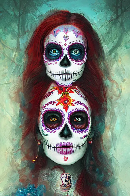 Image similar to Illustration of a sugar skull day of the dead girl, art by marc simonetti