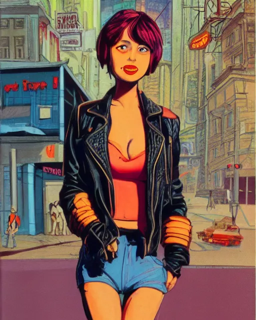 Image similar to young female protagonist in leather jacket, city street, artwork by ralph bakshi