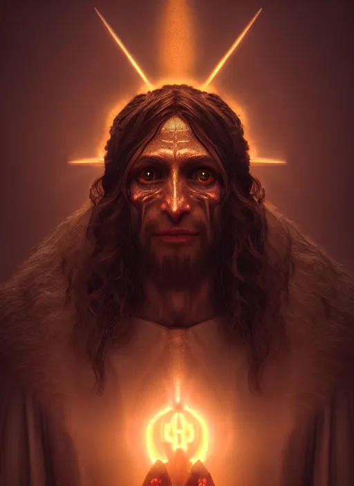 Image similar to portrait of goblin Jesus Christ, perfect facial symmetry + dim volumetric lighting, 8k octane beautifully detailed render, post-processing, extremely hyperdetailed, intricate, epic composition, grim yet sparkling atmosphere, cinematic lighting + masterpiece, trending on artstation