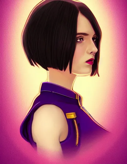 Prompt: smart female pirate captain 2 6 years old, bob haircut, fully clothed, wise, beautiful, portrait by stanley artgerm, dramatic lighting, trending on artstation, flat colour, geometric curves, gradient filter, red and purple and yellow back light, art deco pattern, sharp focus