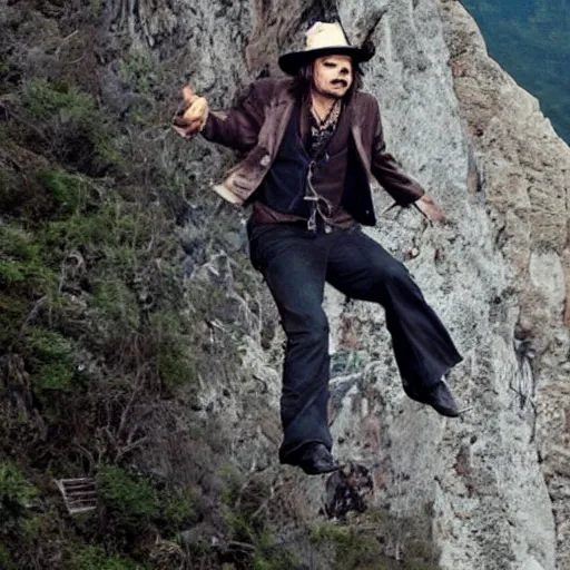 Image similar to johnny depp falling down a cliff with the camera pointing downwards at his face as you can see him scream while falling down the cliff, realistic, movie scene, dramatic, hdr, clear image,