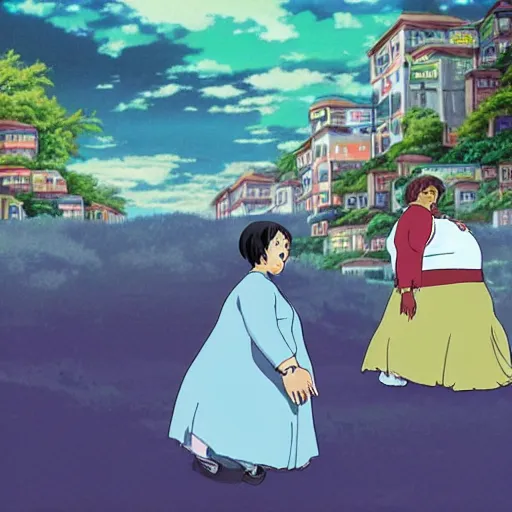 Prompt: yo mama is so fat when she skips a meal the stock market drops, anime, ghibli style dreamlike background