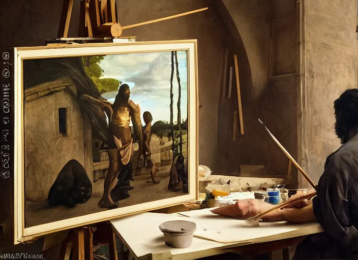 Prompt: a painter in his studio painting a picture of wojak memes, by edgar maxence and caravaggio and michael whelan and delacroix style, artistic, intricate drawing, cinematic lighting, hyper realistic, extremely detailed, establishing shot, 8 k resolution, dramatic lighting