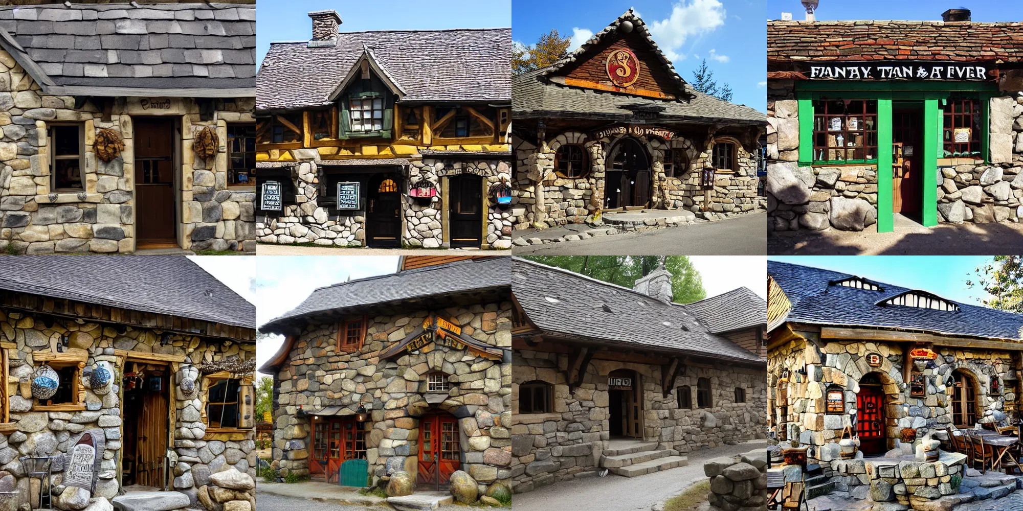 Prompt: a fantasy tavern building, from the outside it looks folksy, cheerful and well maintained. stacked stones and thick, stone beams make up most of the building's outer structure