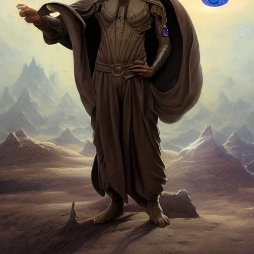 Image similar to male nomad wearing a cloak on an alien world and holding a holographic planet projection in his hand, covered face, detailed, sci - fi, digital painting, artstation, sharp focus, illustration, artgerm, tomasz alen kopera, peter mohrbacher, donato giancola, joseph christian leyendecker, wlop, frank frazetta