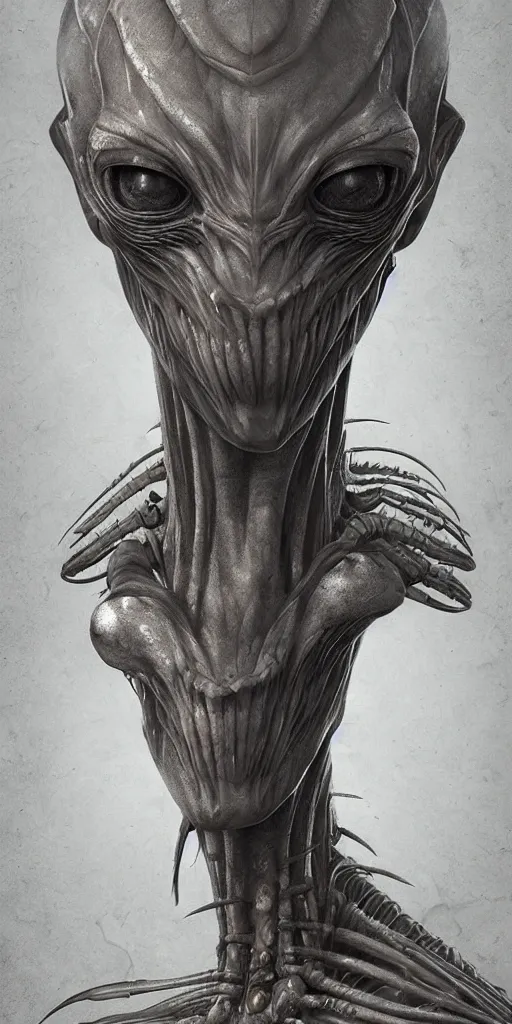 Image similar to portrait of a humanoid mantis alien, character design, detailed concept art by fortiche by anton semenov, by hr giger, by ross tran, masterpiece