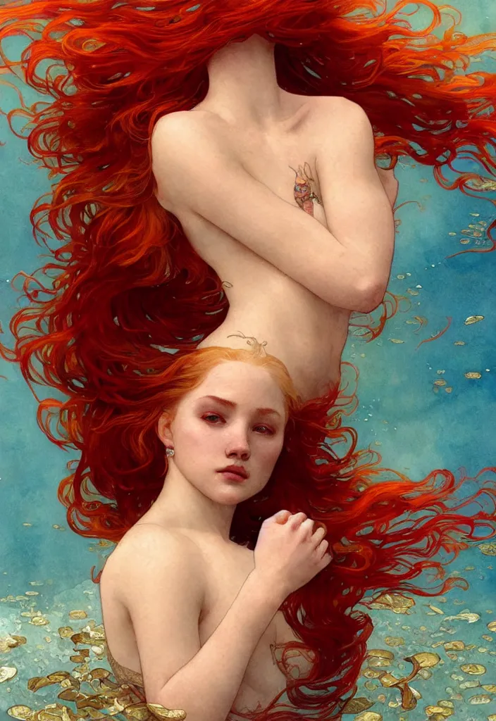 Image similar to beautiful watercolor painting of a young red hair woman swimming, surrounded by golden fish, intricate, elegant, highly detailed, digital painting, artstation, concept art, smooth, sharp focus, art by krenz cushart and artem demura and alphonse mucha, dynamic lighting, full body shot, ultrarealistic, cinematic, octane render, 8 k