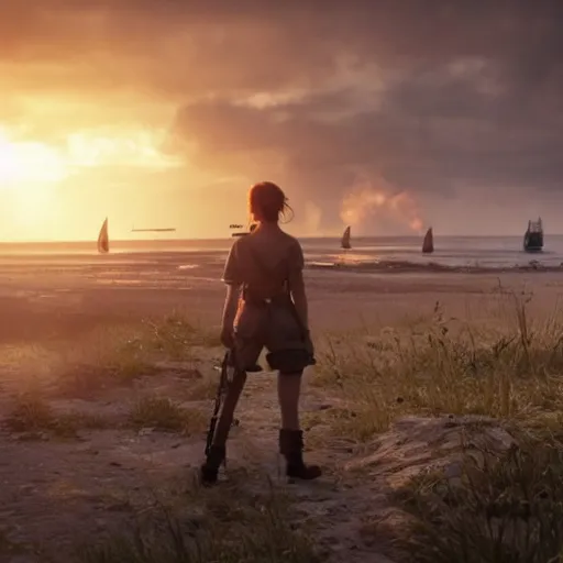 Image similar to footage of emma watson in d - day, unreal engine 5 highly rendered, radiant light, detailed and intricate environment, wide angle, cinematic lighting