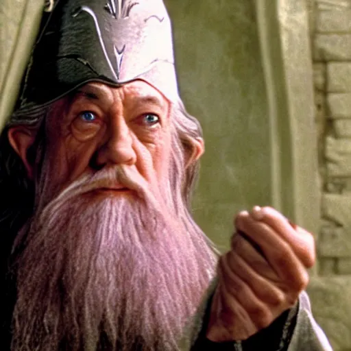 Image similar to gandalf with a pink bowtie on his head, showing a blank playing card, movie still from the lord of the rings