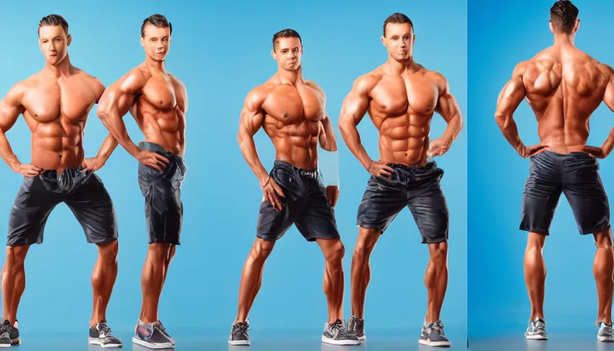 Image similar to male robot fitness model standing, blue background, bright lighting, shiny glossy metallic skin