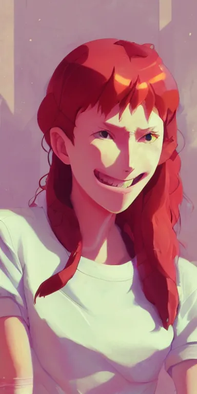 Prompt: synthwave concept art of young cute curvacious redhead cyborg woman softly smiling at camera wearing 🩳 and 👕 illustration illustration concept art anime by wlop and greg rutkowski and makoto shinkai and studio ghibli and kyoto animation acrylic on canvas