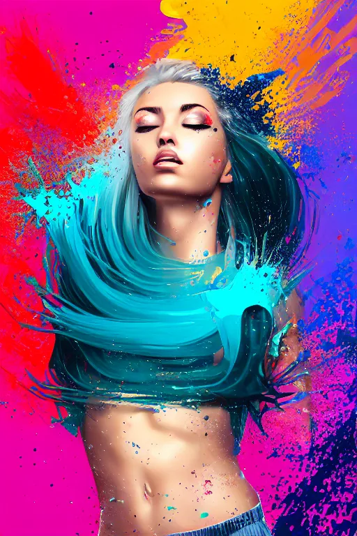 Image similar to a award winning half body portrait of a beautiful woman in a croptop and cargo pants with ombre navy blue teal hairstyle with head in motion and hair flying, paint splashes, splatter, outrun, vaporware, shaded flat illustration, digital art, trending on artstation, highly detailed, fine detail, intricate