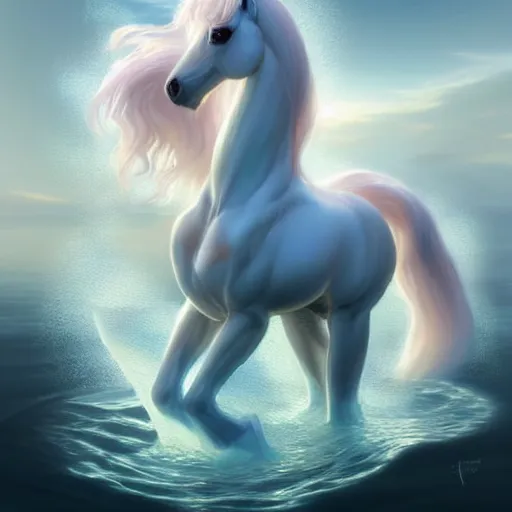 Prompt: a fantastical translucent poney made of water and foam,, ethereal, hyperalism, cute, scottish folklore, digital painting, artstation, concept art, smooth, 8 k frostbite 3 engine, ultra detailed, art by artgerm and greg rutkowski and magali villeneuve