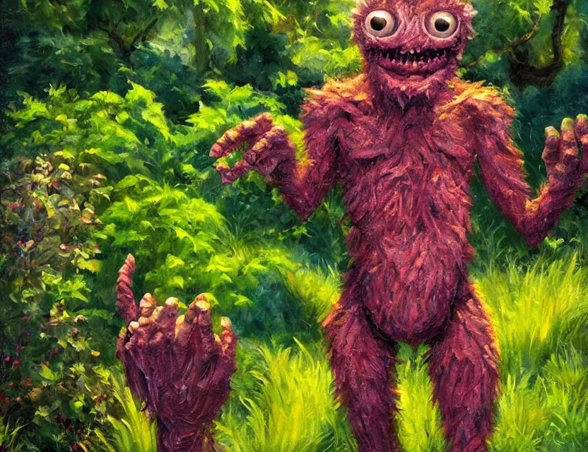 Prompt: quirky humanoid monster in the garden. oil painting by award - winning comic artist. backlighting, chiaroscuro, depth of field, luminescent colors.