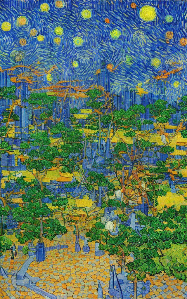 Image similar to park in fukuoka. cubes and prisms. retro art by jean giraud and van gogh.