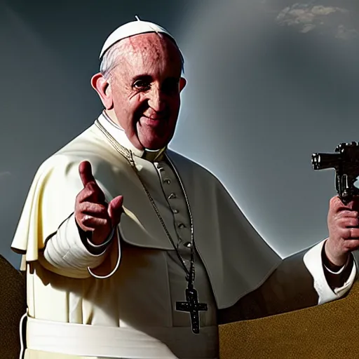 Prompt: the pope holding a golden revolver, photorealistic, ultra detailed, high resolution, 8 k