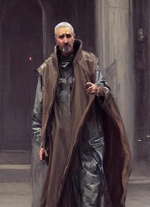 Image similar to futuristic cyberpunk beggar priest wearing an old raincoat ( blade runner 2 0 4 9, cyberpunk 2 0 7 7 character design ). orientalist portrait by john william waterhouse and james gurney and theodore ralli and nasreddine dinet, oil on canvas. cinematic, hyper realism, realistic proportions, dramatic lighting, high detail 4 k