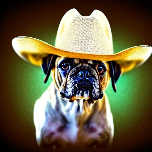 Image similar to a cute dog wearing a cowboy hat,pale colors, google deep dream