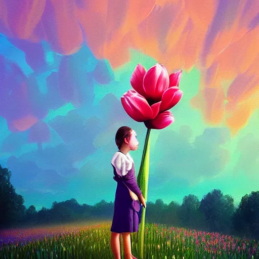 Image similar to girl with a giant tulip head, surreal photography, flower field, sunset dramatic light, impressionist painting, colorful clouds, blue sky, digital painting, artstation, simon stalenhag