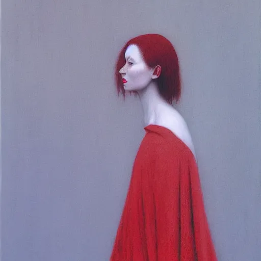 Image similar to portrait of pale white young girl in old red dress with black dark short hairs by Beksinski