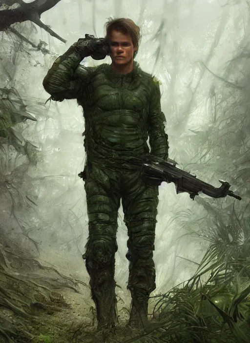 Image similar to portrait of a young richard dean anderson wearing a green combat uniform, in a post appocalyptic city overgrown by plants, by wlop, by luis royo, by greg rutkowski, cover illustration, concept art, volumetric lighting, volumetric atmosphere, sharp focus, octane render, trending on artstation, 8 k