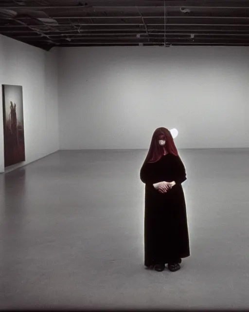 Image similar to a beautiful but horrifying young woman wearing an austere dress is standing in a vast and empty gallery. blood is on the walls, and the moon is shining through the windows. photographed in the 1 9 7 0 s, baroque painting