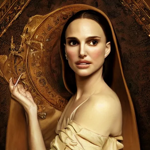 Prompt: a portrait of a Natalie Portman as beautiful female wizard, full face, beautiful clothes, oil painting in a renaissance style , very detailed, fantasy art, rule of thirds