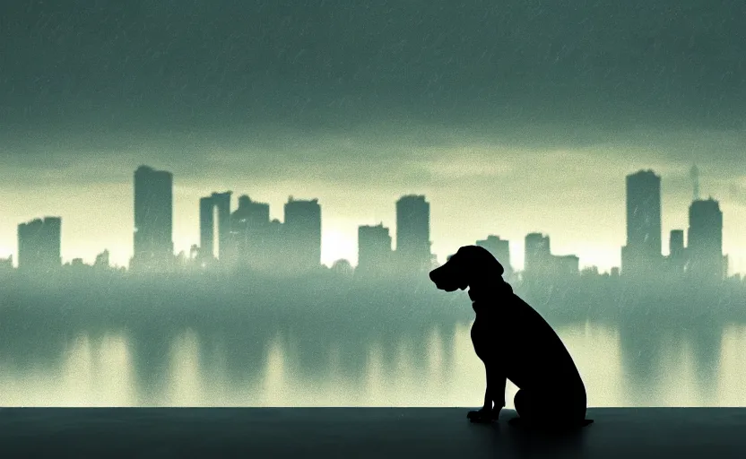 Image similar to a dog is looking out of a window at night staring at a skyline in rain, movie still, silhouette, 8 k